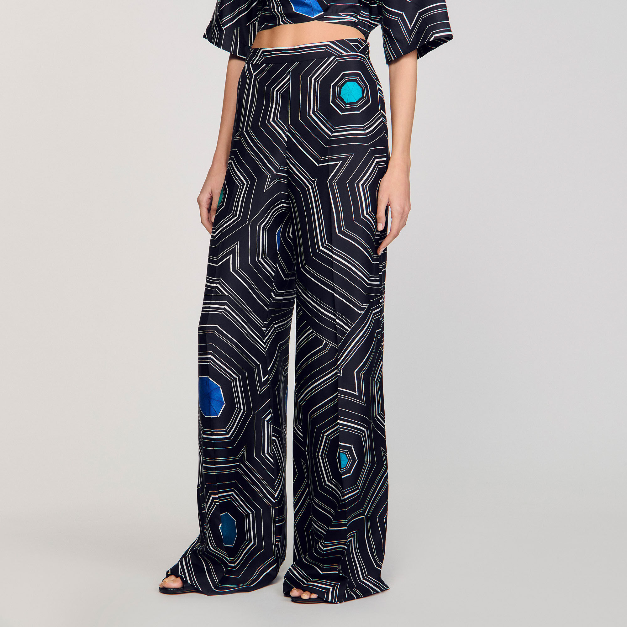 Spiral-print silk trousers